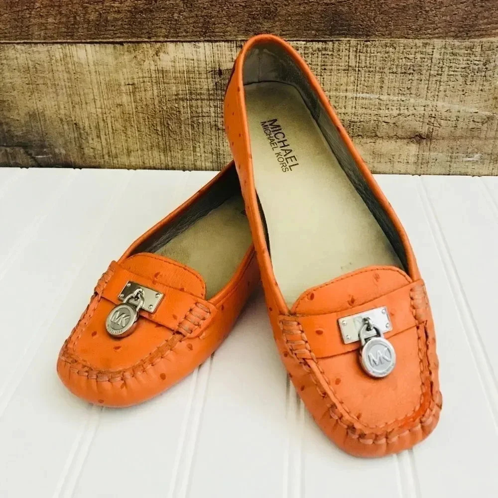 Michael Kors Hamilton Tangerine Ostrich Leather Loafers - Picture 2 of 8